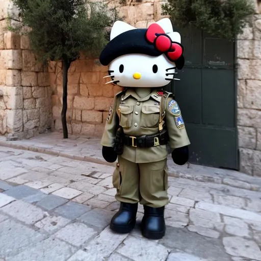 Prompt: hello kitty in Jerusalem wearing IDF uniform