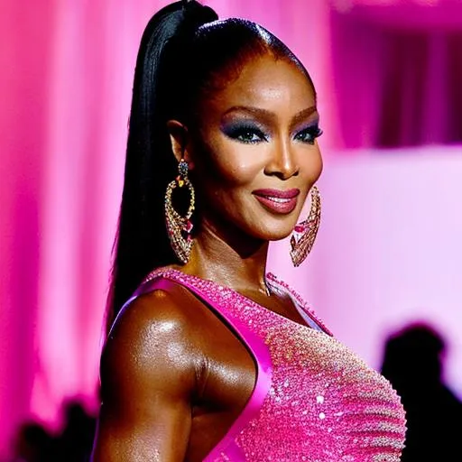Prompt: Naomi Campbell wearing a Barbie inspired pink Prada look 