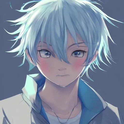 Prompt: cute anime boy  with short blue hair