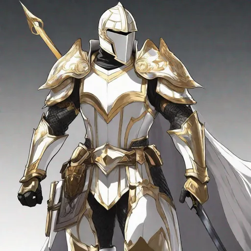 Prompt: Anime The white knight, yes 6 feet tall, 185 - 200 pounds gas white Armour with gold trimming he has a helmet the covers his face, he also have a sword holsterd on his back