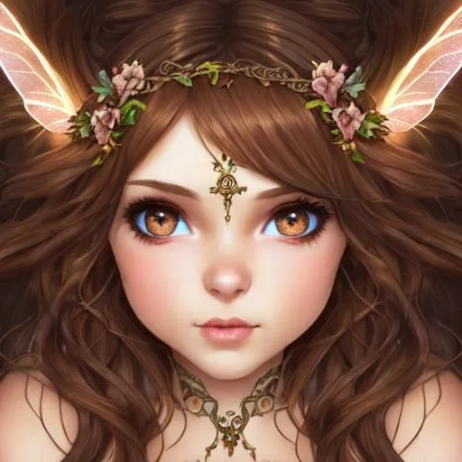 Prompt:  fairy goddess , beautiful skin ,large 
 brown eyes, light brown hair, facial closeup
