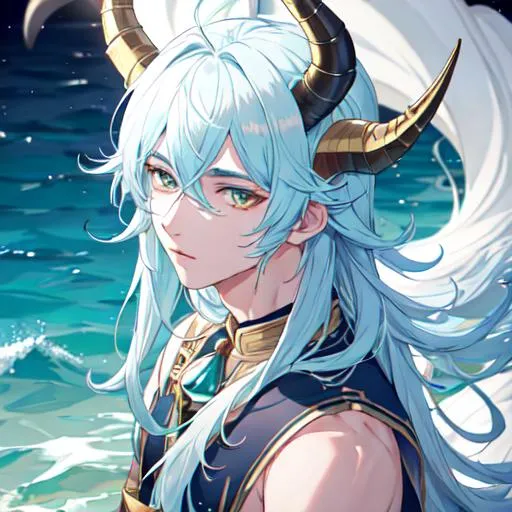 Prompt: Capricorn The Sea-Goat zodiac as a male human, 8k, UHD,  highly detailed, close up