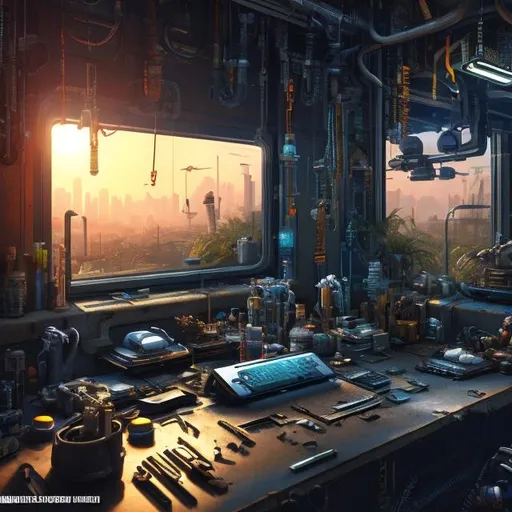 Prompt: futuristic, cyberpunk, organized, workbench, tropical view window, mechanic, tech parts, golden hour, industrial, ultra detailed, cinematic lighting, photorealistic, realistic details