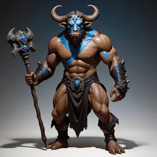 Prompt: dungeons and dragons standing brown minotaur in a black robe with blue trim