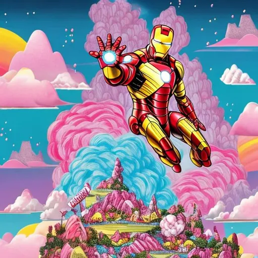 Prompt: Iron man in candy land with cotton candy clouds and trees and pink and white ombre sky with a waterfall and mountain in baby pink 