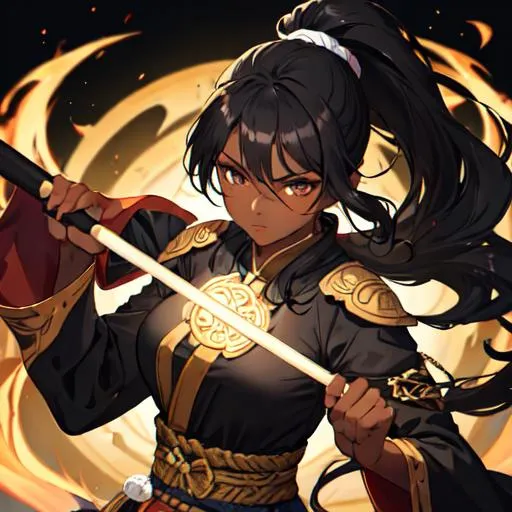 Prompt: young dark skin woman (black curly smooth long ponytail hair) (dark eyes), fighter, wearing a monk outfit, holding a monk staff, fighting pose, martial art