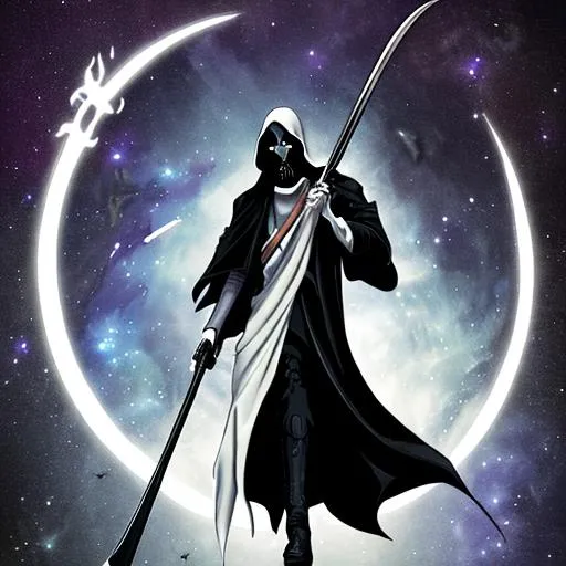 Prompt: grim reaper carrying a scythe in the galaxy
