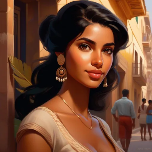 Prompt: Third person, gameplay, Cuban girl, tan skin, black hair, brown eyes, La Habana, warm atmosphere, cartoony style, extremely detailed painting by Greg Rutkowski and by Henry Justice Ford and by Steve Henderson 

