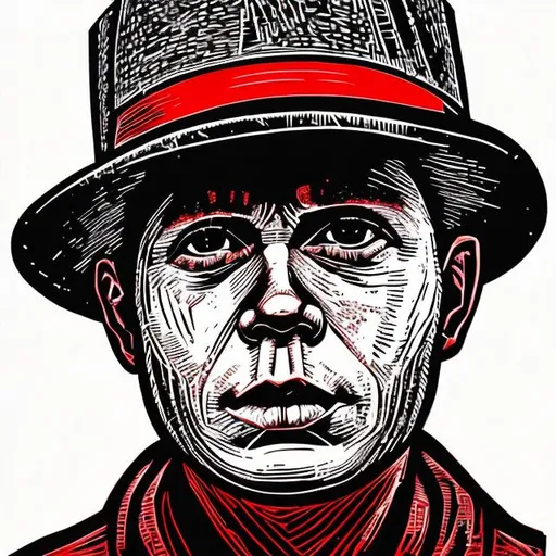 Prompt: red and black linocut portrait of a worker