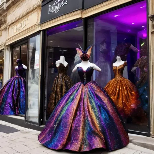 Prompt: Big sparkly colorful ball gowns being displayed in the windows of a store titled “Tuxedos, Ball Gowns, & Witch Ware”