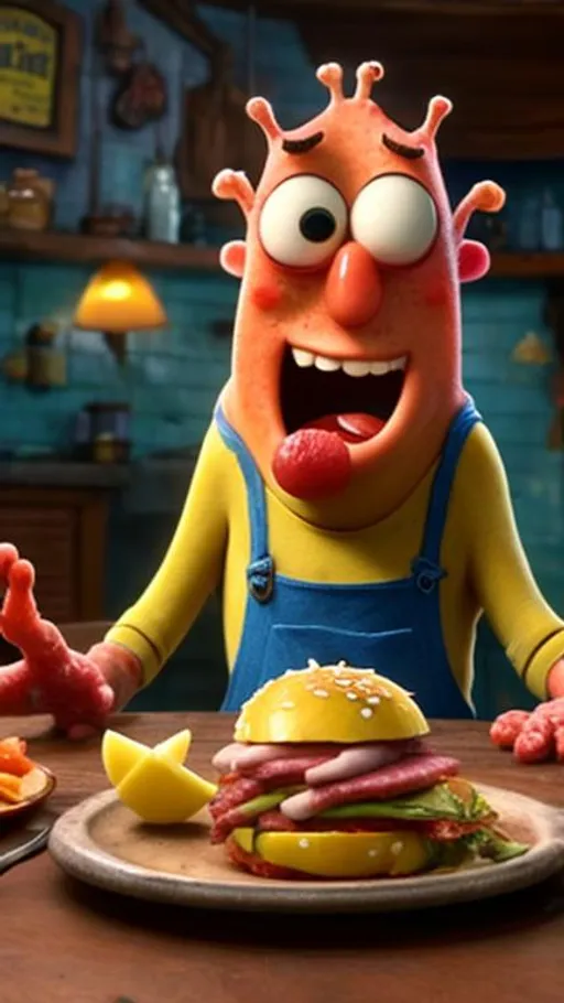 Prompt: Bob esponja comendo um Hambúrguer gigante na mesa da cozinha. 