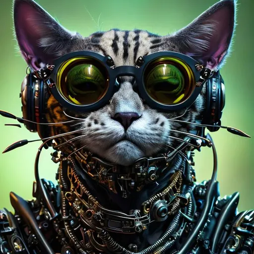 Prompt: portrait of a anthro "Punk Cat" with big Funky Eyewear, intricate, elegant, hyperdetailed, cybernetic, digital painting, artstation, concept art, biomechanical, sharp focus, illustration, greg rutkowski, anthropomorphic, fractal details in big green cat eyes, very striking, WLOP, Artgerm, ray tracing , DSLR, HDR