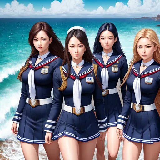Prompt: {{{{highest quality concept art masterpiece}}}} digital drawing oil painting, 128k UHD HDR, hyperrealistic intricate, comic (HDR, UHD, 64k, best quality, RAW photograph, best quality, masterpiece:1.5),UHD, hd ,3 women in sailor military armour, 3 women wearing sailor uniforms. Ocean background, standing posing in front of a ocean, beach, ocean, full form, detailed sailor armor, highly detailed sailor clothing, 3 detailed sailor girls.  {{{{highest quality concept art masterpiece}}}} digital drawing oil painting, 128k UHD HDR, hyperrealistic intricate.