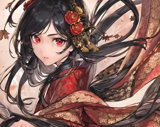 Prompt: masterpiece, illustration, best quality:1.2), 1girl, solo, black hair, beautiful, finely detailed, detailed face, toned face, beautiful detailed eyes, beautiful detailed shading, beautifully detailed background, red eyes, fallen leaf, autumn, white kimono, flower hair ornament, katana, ready to attack