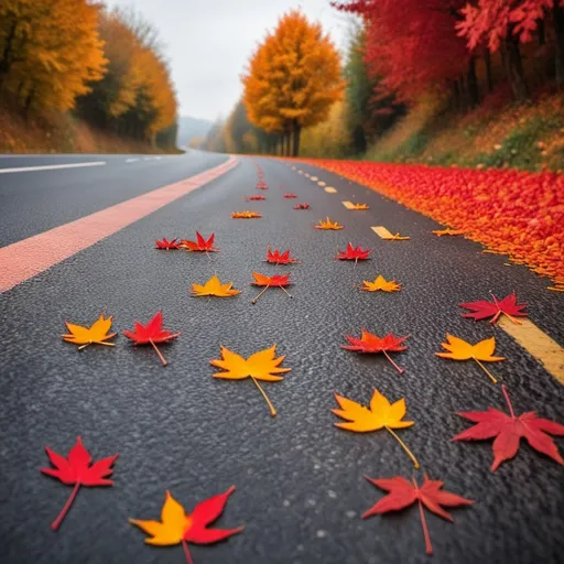 Prompt: autumn view with an orange and red leaves on the road