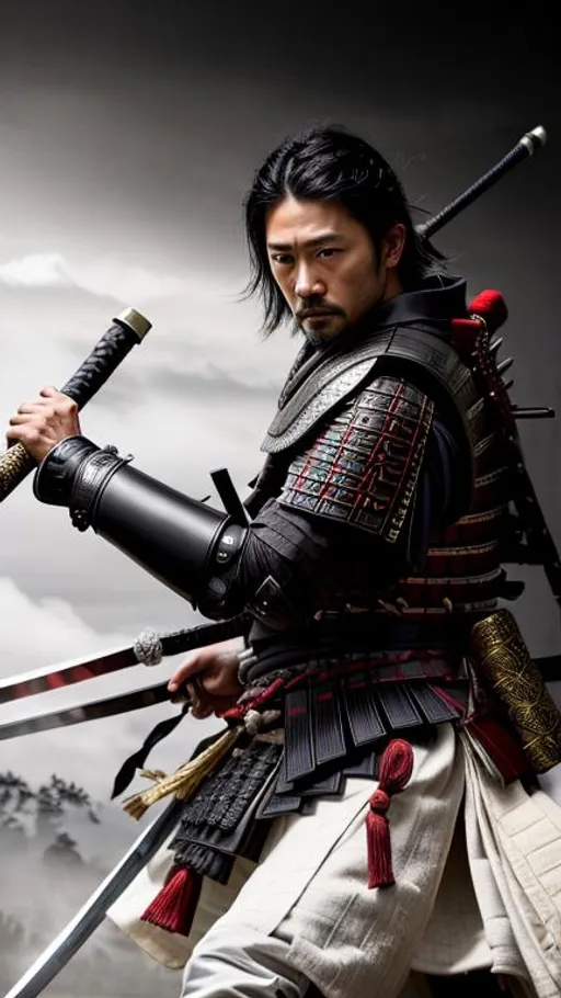 Prompt: Young Hiroyuki Sanada as a Samurai Photorealistic Overdetailed Portrait, Well Detailed face, Black and Gray Robes and Armor, Black hair, Detailed Hands, Detailed Twilight Background, Intricately Detailed, Award Winning, Photograph, Film Quality.