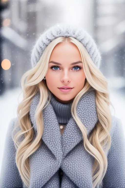 Prompt: professional portrait photograph of a gorgeous Norwegian girl, wavy platinum hair,  flirty look,  symmetrical face, real skin,  natural makeup, wearing elegant warm winter fashion clothing, outside in snowy city street, hyper realistic, bright light, highly detailed, sharp focus, depth of field, shot on Hasselblad, f/1. 8, 85mm, medium shot, mid shot, professionally color graded, by Steve McCurry, bright soft diffused light, UHD, 8k