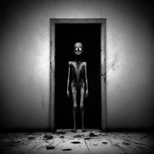 Prompt: an empty dark space ,that makes you feel an psychological fear, with almost no light, dirty, with dark and disgusting blood, with skinny and big horrible spiders on the walls, with a door that looks infinite, like a backroom, scary, creepy, weird