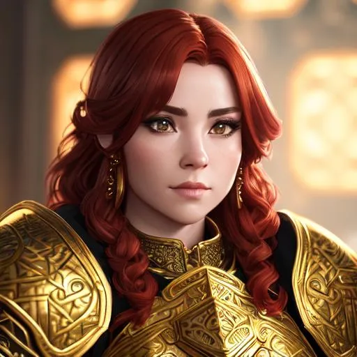 Prompt: "Portrait of a female gold dwarf cleric with short fiery red hair, short, stocky body, dressed in black full plate armor with intricate golden designs, #3238, UHD, hd , 8k eyes, detailed face,  8k eyes, intricate details, insanely detailed, masterpiece, cinematic lighting, 8k, complementary colors, golden ratio, octane render, volumetric lighting, unreal 5, artwork, concept art, cover, top model, light on hair colorful glamourous hyperdetailed medieval city background, intricate hyperdetailed breathtaking colorful glamorous scenic view landscape, ultra-fine details, hyper-focused, deep colors, dramatic lighting, ambient lighting god rays, flowers, garden | by sakimi chan, artgerm, wlop, pixiv, tumblr, instagram, deviantart