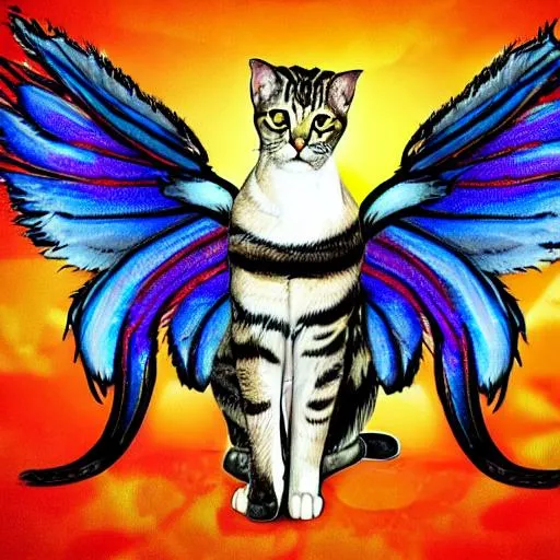 Prompt: Cat with wings with feathers on them artwork cartoonish