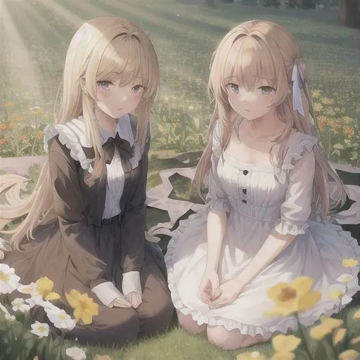Prompt: Girls on the flowers field, Sunray, best quality, masterpiece