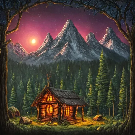 Prompt: witch's hut, dark summer forest at night, magic, fantasy, sparkling, cozy, weeds and trees grow around, mountains in the background, rustic, round frame