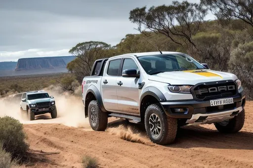 Prompt: ford ranger raptor in grey., offroading in uluru