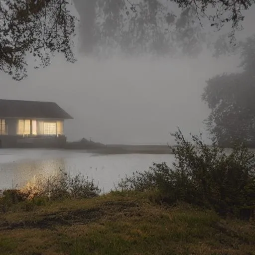 Prompt: house near lake in mountain fog moon darkness horror 4k detailed hight resolution