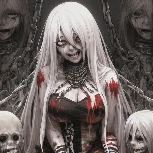 Prompt: someone bleeding out to death in an anime style of art,smiling, good face shape,chains, long white hair, sitting, zombie, (gore) mummy,  

8k, 4k, 4K, 16K,(((high quality))highly detailed, hyper-realism, 
