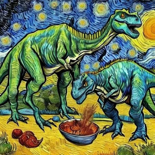 Prompt: Dinosaurs cooking in the style of Van Gogh.