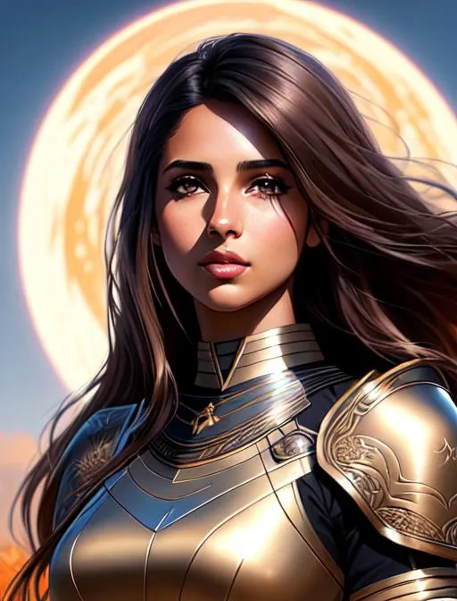 Prompt: Naomi Scott with eclipse background, parted bangs, brown hair, brown eyes, ethereal, white dragon armor, jewelry set balayage wild hair, royal vibe, highly detailed, digital painting, Trending on artstation , HD quality, tan skin, Big Eyes,artgerm, by Ilya Kuvshinov 