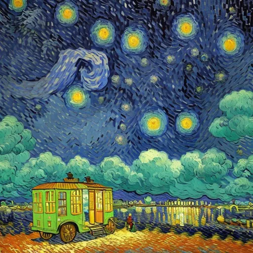 Prompt: Oil painting style. A cartoon Van Gogh is painting Starring Night in a colourful room. Van Gogh is back to us. The room has a huge window and out of the window is blue sky with lime green clouds 