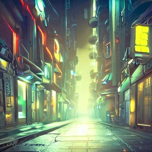 Prompt: ground in futuristic dieselpunk narrow street, cable stone ground. lots hanging cables, tiny wires on the ground. garbage on the ground. rain. fog, haze, evening. led screens. neon signs. very sharp. cables on the ground. very messy. futuristic. photorealistic. artstation. anime. studio gimbli style. golden rate.