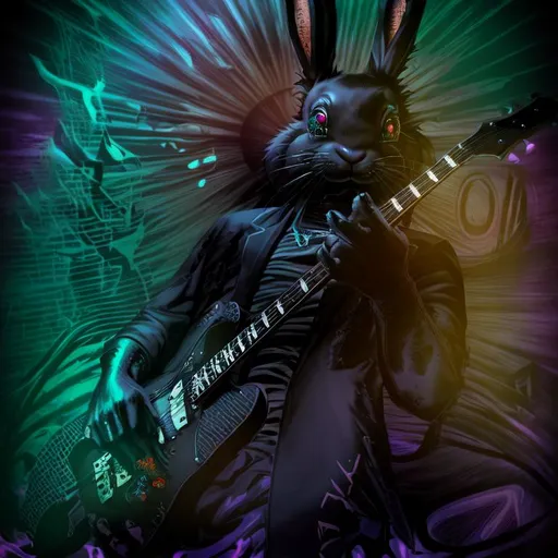 Prompt: Horror, Scary, Ominous, Sinister, freeform dark chaos epic bold, 3D, HD, {one}({liquid furry! {Man}Rabbit dressed in Guitarist outfit} ink), Beautiful big reflective eyes, long flowing hair, expansive psychedelic background --s99500