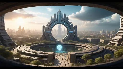 Prompt: magical portal between cities realms worlds kingdoms, circular portal, ring standing on edge, upright ring, freestanding ring, hieroglyphs on ring, complete ring, ancient aztec architecture, zigurat, pylons, gardens, hotels, office buildings, shopping malls, large wide-open city plaza, panoramic view, futuristic cyberpunk tech-noir setting, open sky