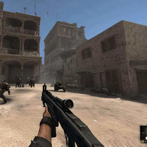 Prompt: a gunfight in dust 2 csgo between counter-terrorists and terrorists