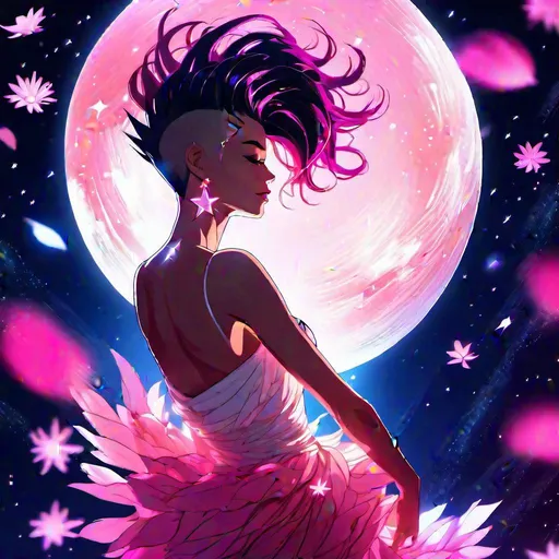 Prompt: A translucent beautiful slim woman that is glowing, blushing, messy deep pink mohawk, wearing a short white tiered dress, just head and shoulders, seductive pose, falling petals, beneath the stars, bioluminescent, highres, best quality, concept art, vivid colors