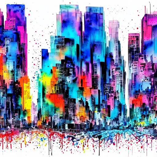 Prompt: Watercolor painting of a modern city scape, expressive, ink line, dripping paint, splashes, colorful