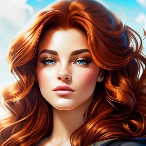 Prompt: An attractive young woman , long auburn curly hair, closeup