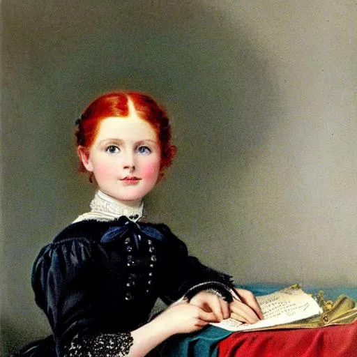 Prompt: portrait of a beautiful Victorian girl with red hair and dark blue eyes wearing a dark blue school uniform. Writing a letter with a feather quill