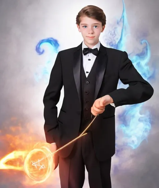 Prompt: 16 year old boy in a tuxedo casting a
Magic spell with his magic wand 