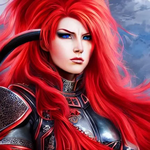 Prompt: drawing of a beautiful woman with beautiful red haired hairs indomitable, angry eyes emitting red energy, wearing hyper detailed leather armor, the woman holding a hyper detailed red ax that emits an indomitable blue aura