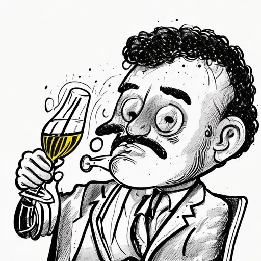 Prompt: A hand drawn picture of a big headed man drinking a champagne bottle, simple lines 
