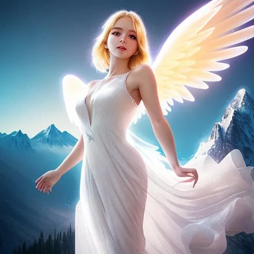 Prompt: Beautiful blonde woman, angel, white wings, sparkling dress, mountain background, Neon light effect