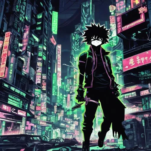 Prompt: Black and neon green. Accurate vigilante deku villain. Blood. Very Dark image with lots of shadows. Background partially destroyed neo Tokyo. Noir anime. Gritty.