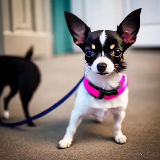 Prompt: A black andvwhite colored chihuahua on a leash attached to a doorknob.