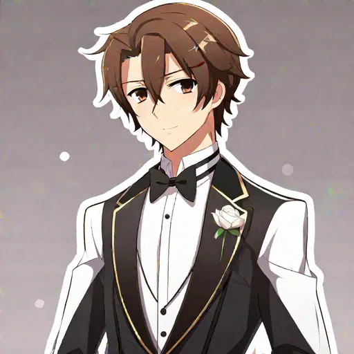 Prompt: Caleb (brown hair) (brown eyes) wearing a black tuxedo, full body, anime style