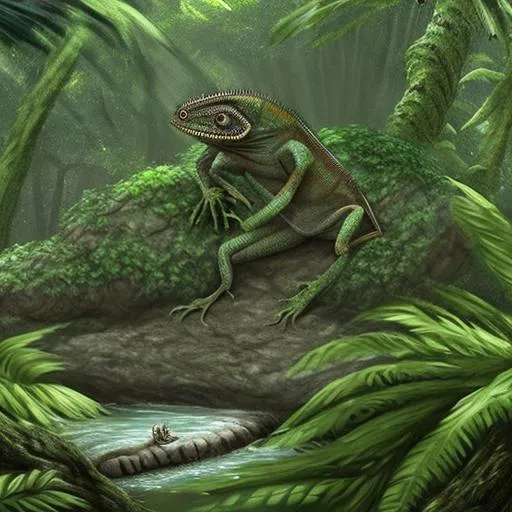 Prompt: 

As Cami the chameleon sets out on her journey, the illustrations could show her climbing up a tree, crossing a river, and crawling over rocks. Each new location could be filled with different colors and textures, showing the diversity of the jungle.