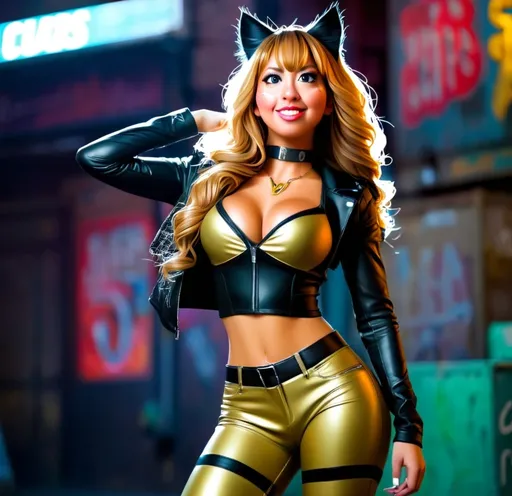 Prompt: A stylish woman, side profile. she looking at the the camera posing for the camera. 

She is wearing Catwoman gold tank top, black leather jacket, black latex pant, pear chocker, long wavy hair.



Night, very dark alley, poor light, jewels neon signs, cats neon signs, neon lights, dumpster, joker graffiti, graffitis