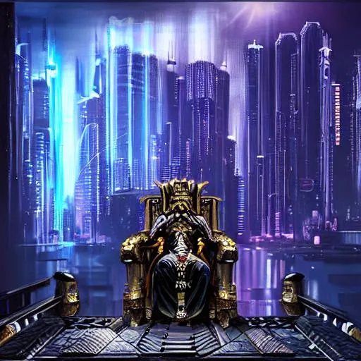 Prompt: cyberpunk emperor on throne citadel on bridge waterfall glossy hd portrait landscape oil painting